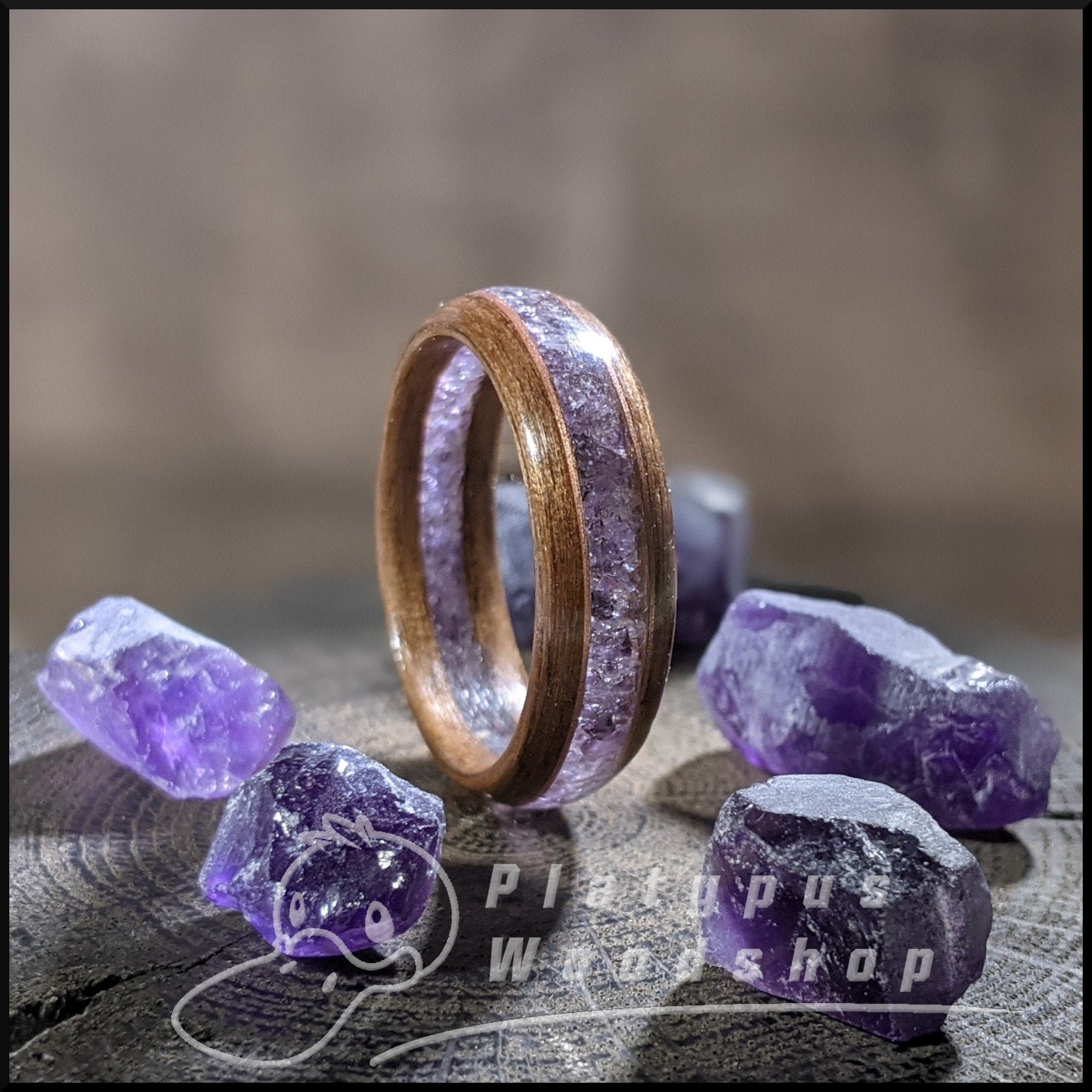 Unique Wooden Ring - Floating Inlay - Namibian Amethyst -Black Walnut…