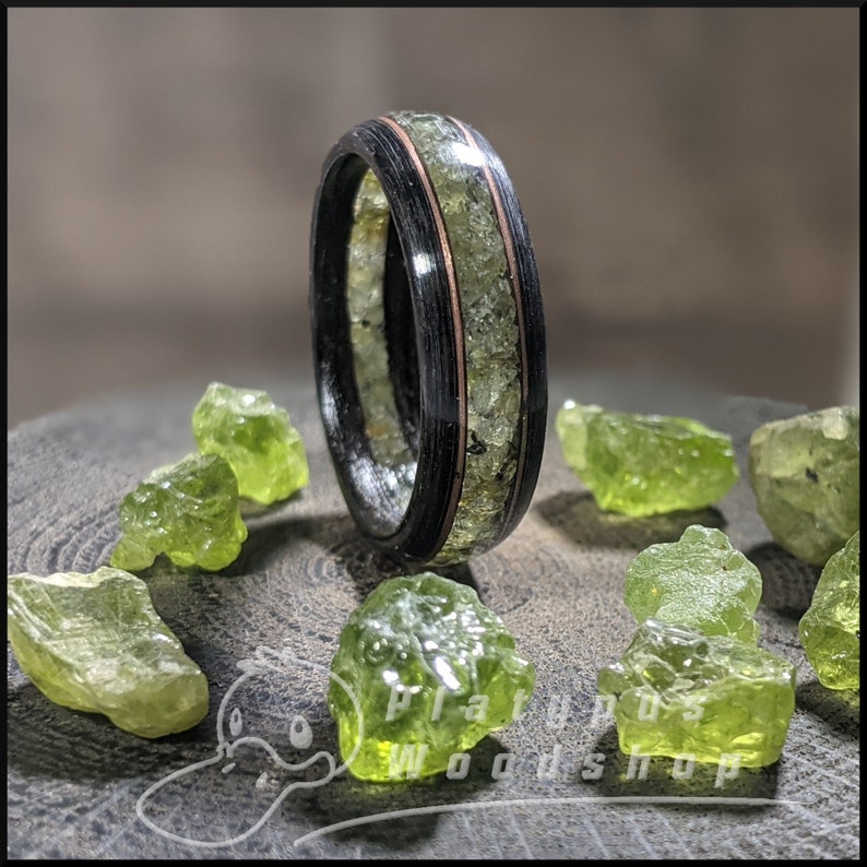 Unique Wooden Ring - Floating Inlay - Arizona Peridot - Morta Wood - Beautiful and Allergy Free 