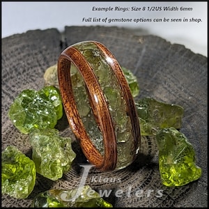 Peridot Wooden Ring: Floating Inlay - Arizona Peridot - African Mahogany - Handmade in US - Allergy Free - Crafted to Order