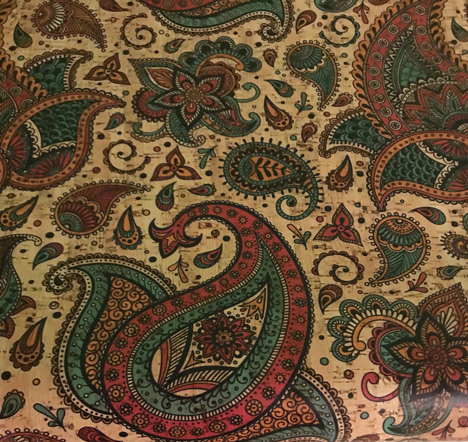 Cork Fabric Jewel Tone Paisley Print Cork Updated Design Etsy