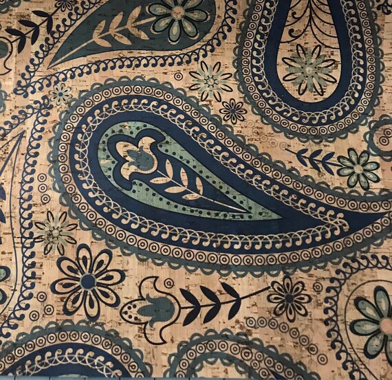 Cork Fabric Blue Paisley Print Cork Updated Design Etsy