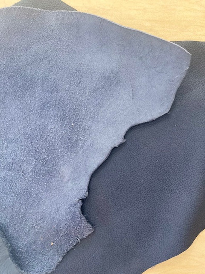 May include: Two pieces of blue leather, one smooth and one suede, are shown together. The suede leather is a lighter shade of blue.