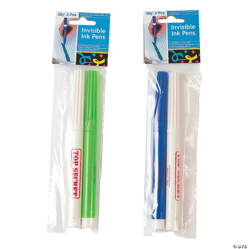 May include: Two packs of invisible ink pens. Each pack contains two pens, one white and one colored. The colored pens are green and blue. The packaging says "Invisible Ink Pens" and "Top Secret".