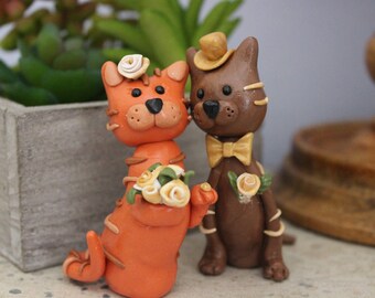 Polymer Clay Cat Wedding Cake Topper: Orange and Brown Cats