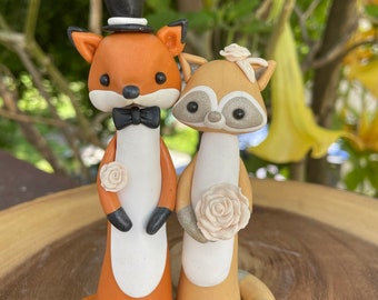 Fox and Raccoon Wedding Cake Topper: Handmade Clay Keepsake