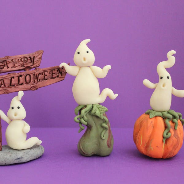 Décoration pour gâteau d'Halloween fait main en pâte polymère : décoration fantôme et citrouille