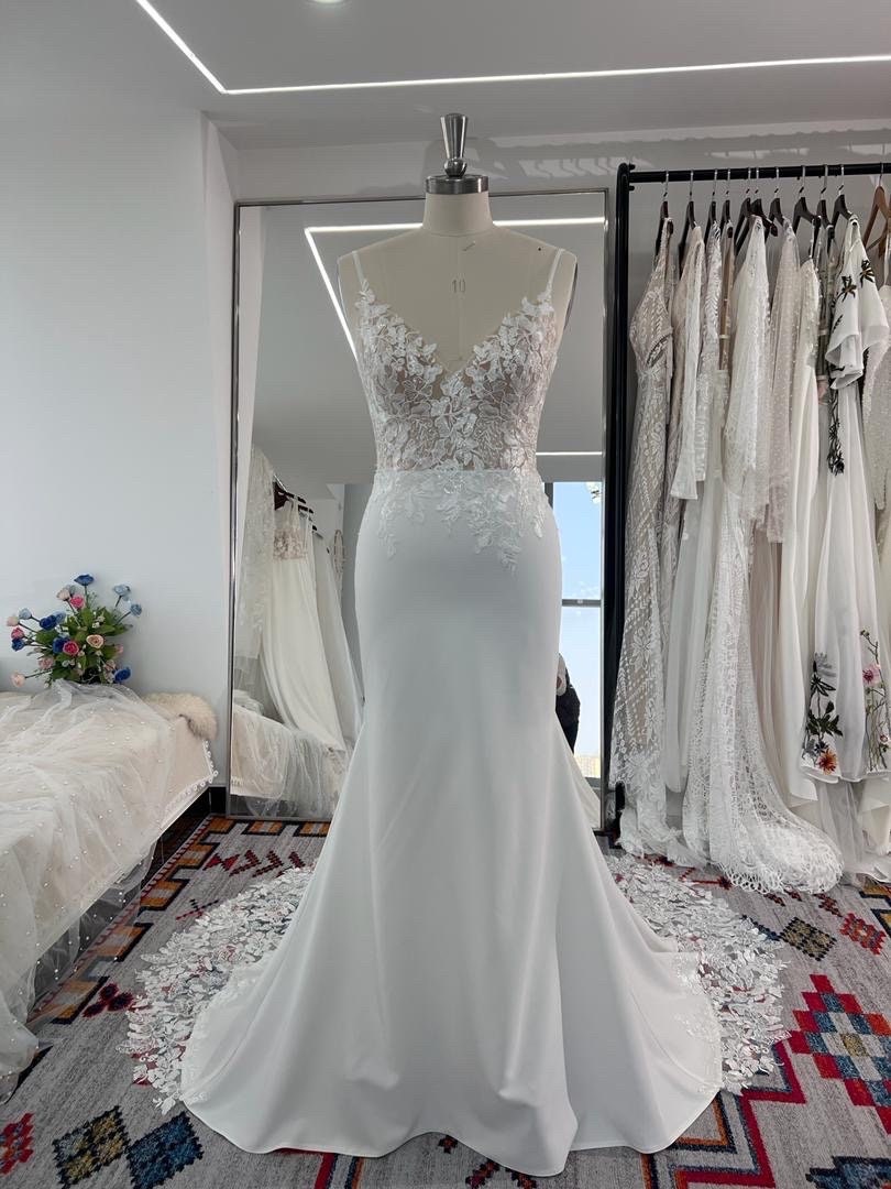 lace and crepe wedding dress Modern Crepe Wedding Dress with Laser Cut Train