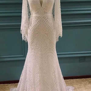 Boho cape sleeve lace wedding dress