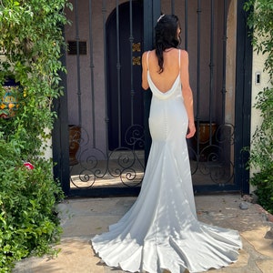 Cowl back crepe wedding dress