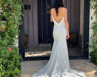 Cowl back crepe wedding dress