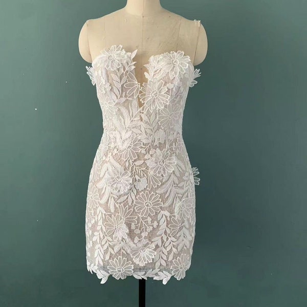 Short 3D flower lace wedding dress