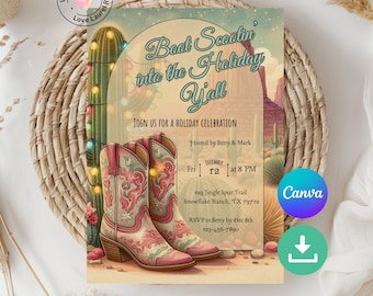 Country Western Christmas Party Invitation: Cowgirl Boots Holiday Customizable Canva Editable Template Invite