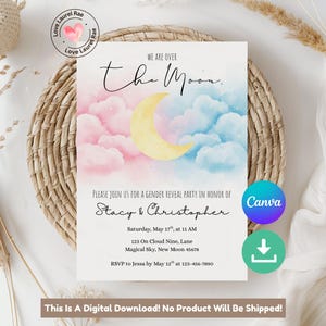 May include: A gender reveal party invitation with a watercolour design. The invitation features a crescent moon and clouds in pink and blue hues. Text includes the names Stacy & Christopher, date, time, and location.