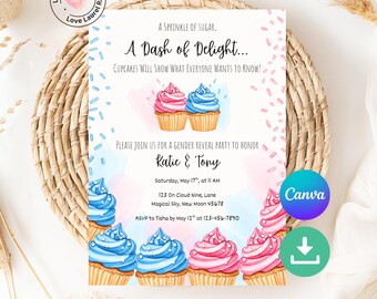 Cupcake Gender Reveal Party Invitation: Pink and Blue Customizable Canva Editable Template Invite