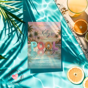 May include: A pool party invitation with the text "Katty's Birthday Pool Party" featuring a tropical scene with palm trees and a pool. The invitation is surrounded by sliced oranges, lemons, and a glass of orange juice, with palm leaves casting shadows.