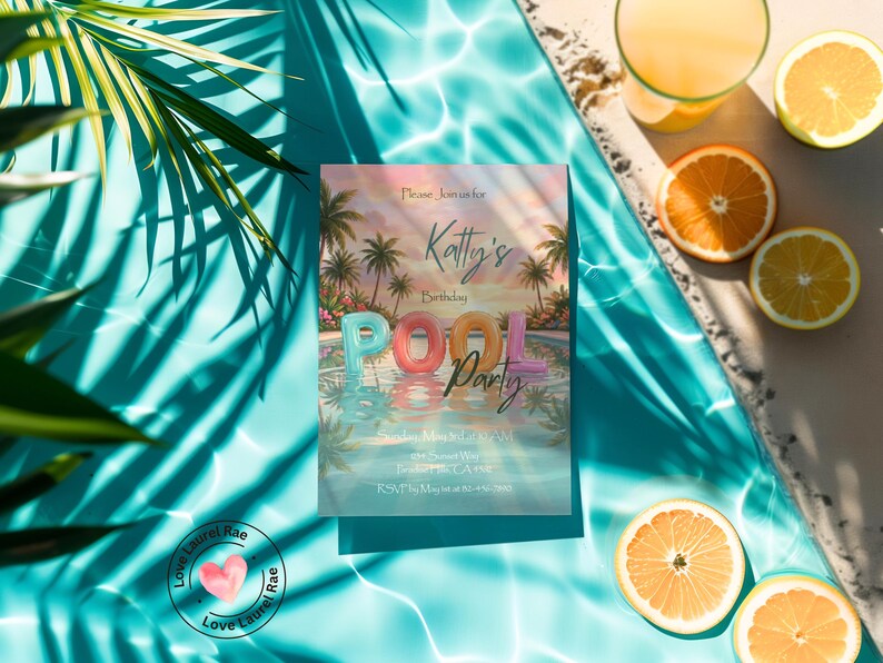 May include: A pool party invitation with the text "Katty's Birthday Pool Party" featuring a tropical scene with palm trees and a pool. The invitation is surrounded by sliced oranges, lemons, and a glass of orange juice, with palm leaves casting shadows.