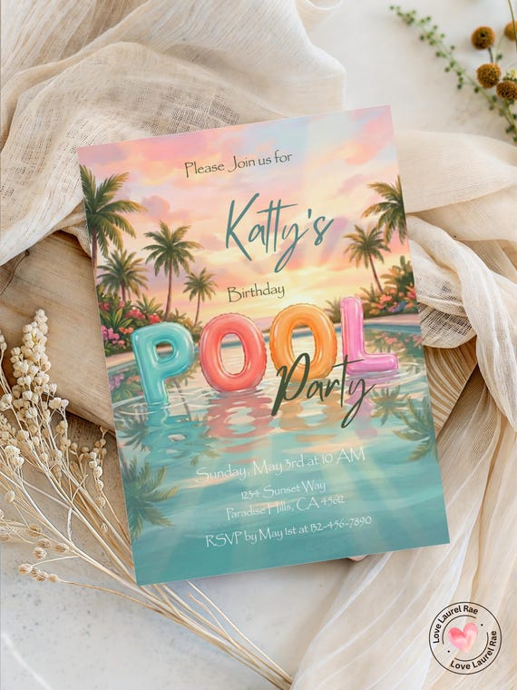 Pool Party Birthday Invitation Swim Party Invite Tropical Sunset Swimming Birthday Invite Summer Vibes Customizable Canva Editable Template