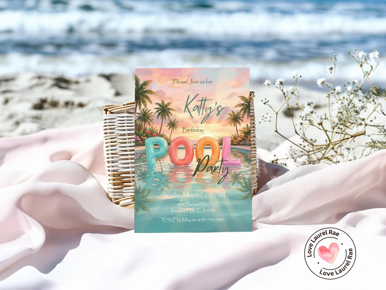 May include: A pool party invitation with a tropical sunset design. The invitation features the words "Pool Party" in colorful balloon letters, palm trees, and the text "Katty's Birthday". The invitation is set against a backdrop of a beach and ocean.