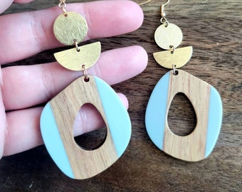 Blue Boho Bohemian Statement Earrings. Gold Brass Wood Resin Geometric Dangle Earrings. Gift for her. Lightweight Earrings.