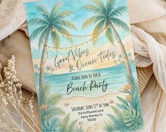 Beach Party Invite Birthday Invitation Swim Party Invite Tropical Sunset Ocean Birthday Summer Vibes Customizable Canva Editable Template