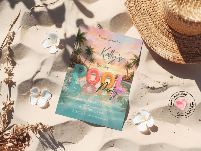 May include: A pool party invitation with a sunset scene, palm trees, and the words "POOL PARTY" in colorful inflatable letters. The invitation includes the text "Katty's Birthday" and other event details. A straw hat and white flowers are also in the image.