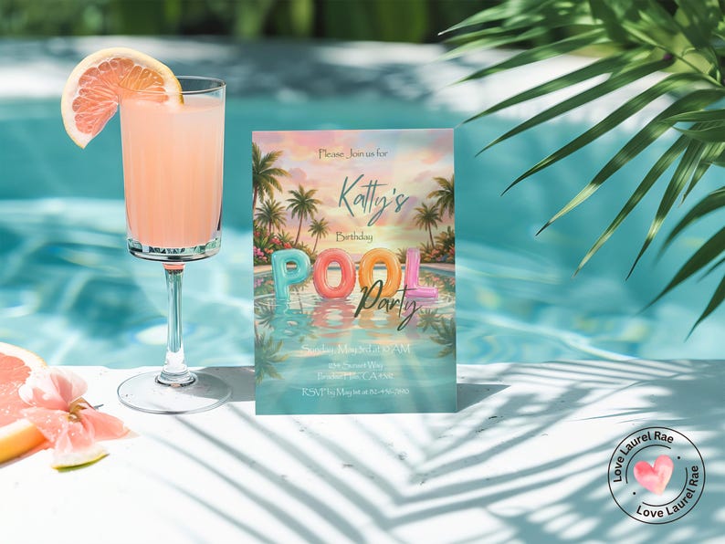 May include: A refreshing pink cocktail in a tall glass with a grapefruit slice, next to a pool party invitation. The invitation features a pool scene with the words "Pool Party" in colorful inflatable letters. Palm trees and a sunset sky are in the background.