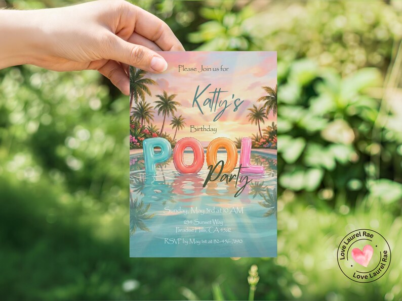 May include: A colorful pool party invitation held by a hand. The invitation features a tropical sunset scene with palm trees and the words "POOL PARTY" in inflatable letters. Text includes "Katty's Birthday" and RSVP details.