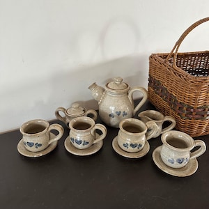 VTG Rowe Pottery Miniature Tea Set Salt Glazed Stoneware Blue Heart Cottagecore