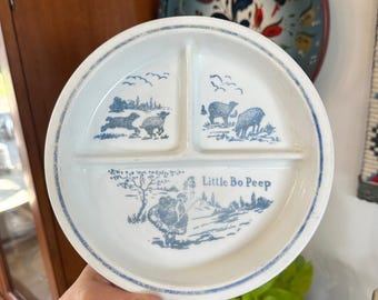 Vintage Vitrock Milk Glass Little Bo Peep Divided Baby Plate Blue White 8 Inch