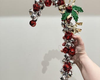 Campanas navideñas de bastón de caramelo de los años 90, 40 cm, color rojo y plateado