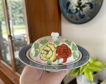 VTG Hand Painted Porcelain Floral Butter Cheese Dish Opalescent Japan 7" Cottage