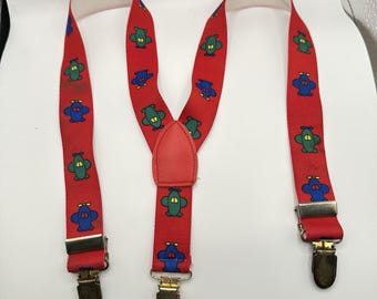 VTG 24" Baby Boy Toddler Suspenders Clips Red Airplanes Primary 90's