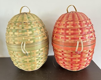 Vtg (2) Woven Easter Egg Shape Basket w/Latch Clousure+Loop Hanger Pink Yellow