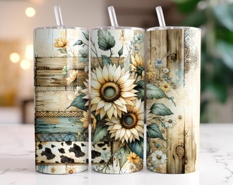 Sunflower Tumbler Wrap 20 oz Skinny Tumbler Sublimation Design Instant Digital Download, Rustic Boho Flower Cow Print Tumbler Wrap PNG
