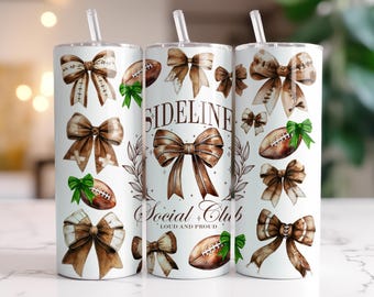 Sideline Social Club Football PNG 20 oz Skinny Tumbler Sublimation Design Digital Download Only, Coquette Green Football Mom Tumbler Wrap