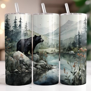 Black Bear Tumbler Wrap PNG 20 oz Skinny Tumbler Sublimation Design Digital Download Instant Digital Only, Hunting Mountain Forest Tumbler
