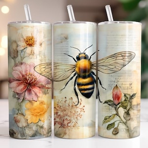 Bee Tumbler Wrap PNG, 20 oz Skinny Tumbler Sublimation Design Digital Download Instant Digital Only, Wildflower Floral Tumbler Design