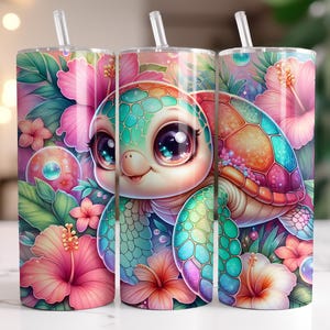 Baby Sea Turtle Tumbler Wrap PNG 20 oz Skinny Tumbler Sublimation Design Digital Download, Summer Tropical Floral Turtle Tumbler Design