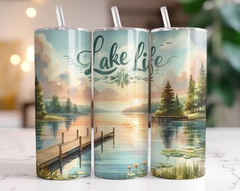 Lake Life Tumbler Wrap 20 oz Skinny Tumbler Sublimation Design Instant Digital Download Only, Camping Tumbler Wrap, Summer Lake PNG