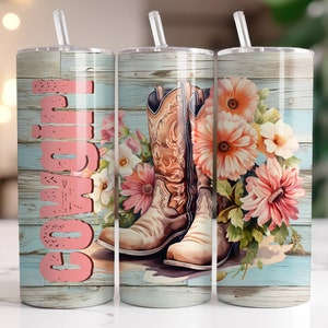 Cowgirl Tumbler Wrap PNG, Sublimation Digital Download, 20oz Skinny Tumbler Design, Instant Digital Download Only, Country Western Boots