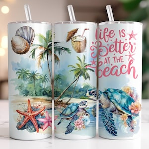 Beach Tumbler Wrap PNG, Sublimation Digital Download, 20 oz Skinny Tumbler Design, Summer Sea Turtle Starfish Instant Digital Download Only