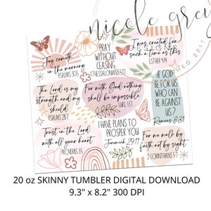 May include: A digital download for a 20 ounce skinny tumbler featuring inspirational quotes and bible verses with a pink, peach, and yellow color scheme. The quotes include "Joy cometh in the morning", "The Lord is my strength and my shield", "Trust in the Lord with all your heart", "Pray without ceasing", "For with God nothing shall be impossible", "I have plans to prosper you", "If God be for us who can be against us?", and "For we walk by faith not by sight".