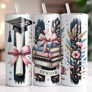 Senior 2025 Tumbler Wrap 20 oz Skinny Tumbler Sublimation Design Digital Download, Pink Coquette College High School Graduation Tumbler PNG