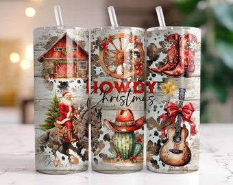 Country Western Christmas Tumbler Wrap 20 oz Skinny Tumbler Sublimation Design Instant Digital Download Only, Howdy Christmas PNG