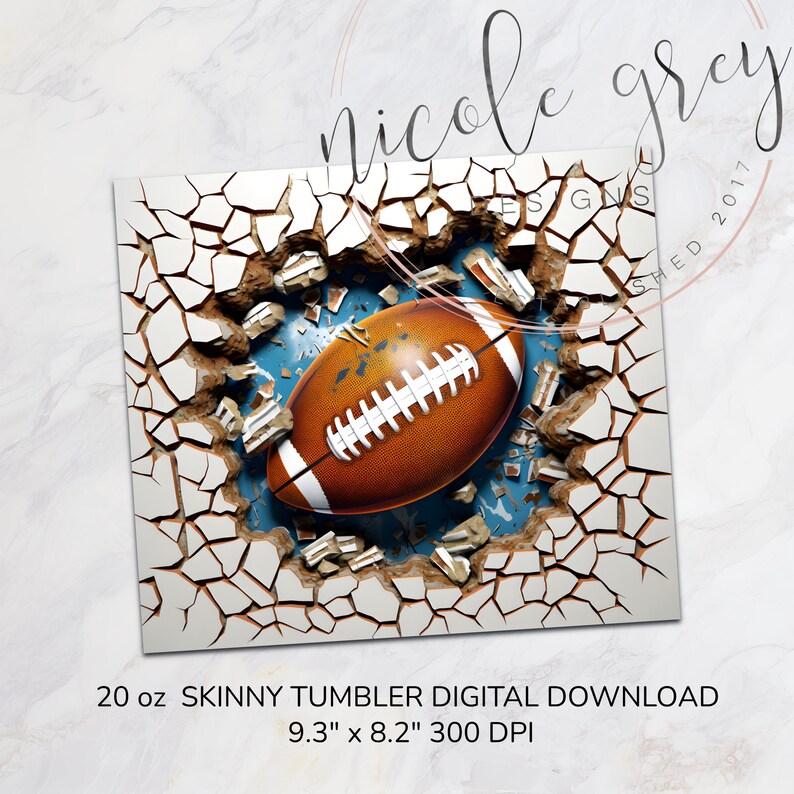 K&ouml;nnte beinhalten: Ein digitaler Download f&uuml;r einen schlanken 20-Unzen-Becher mit einem Fu&szlig;ball, der durch eine rissige Wand bricht. Das Design ist 23,6 cm x 20,8 cm gro&szlig; und hat 300 DPI.