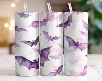 Pastel Halloween Tumbler Wrap 20 oz Skinny Tumbler Sublimation Design Digital Download PNG Instant Digital Only, Spooky Season Bats Tumbler