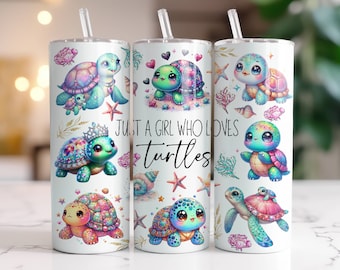 Sea Turtle Tumbler Wrap PNG, 20 oz Skinny Tumbler Sublimation Design Digital Download Instant Digital Only, Just A Girl Who Loves Turtles