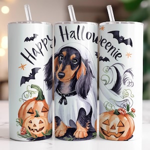 Halloween Dachshund Tumbler Wrap 20 oz Skinny Tumbler Sublimation Design Instant Digital Download, Happy Halloweenie Weiner Dog Tumbler PNG