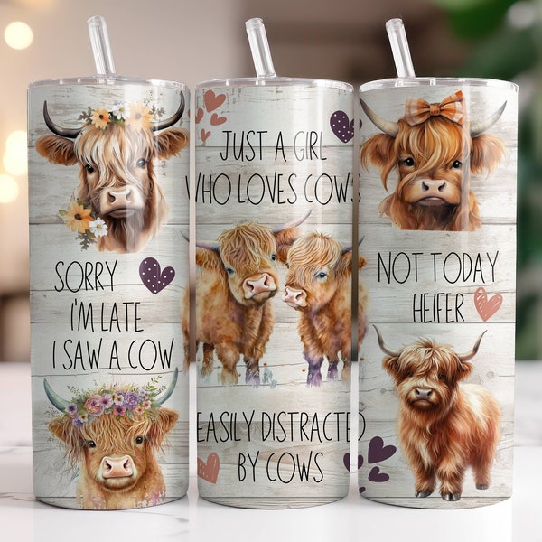 Highland Cows Tumbler Wrap PNG 20 oz Skinny Tumbler Sublimation Design Instant Digital Download Only, Funny Country Girl Cow Tumbler Wrap