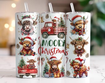 Schattige Highland Cows kerst beker wrap 20oz mager beker sublimatie ontwerp alleen instant digitale download, Mooey kerstvakantie, png PNGEgg